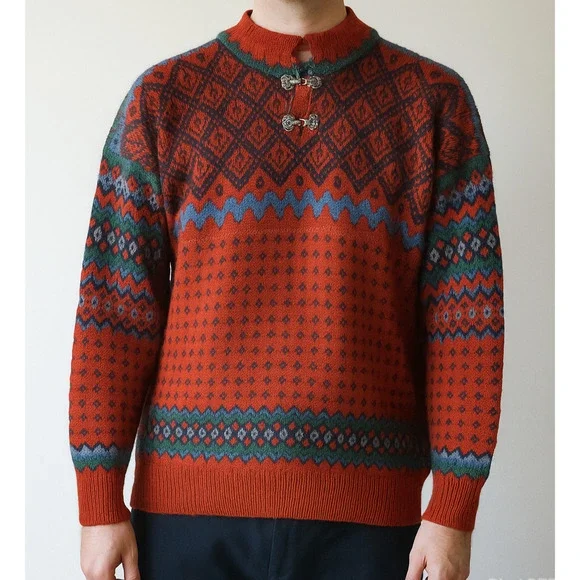 Dale Of Norway Pure Wool Lined Heavyweight Sweater Red Nordic Print Clasp Large - Picture 1 of 16